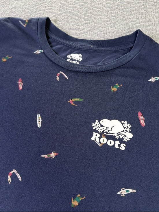 Roots Tops - Roots Shirt Womens XL Navy Blue Surfing Theme Print Short Sleeve Cotton Preppy